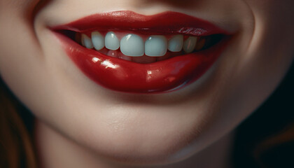 Beautiful woman with shiny lipstick smiling, looking at camera generated by AI