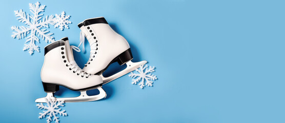 Women's white ice skates and decorative snowflakes on light blue background.Sports, healthy lifestyle, leisure, figure skating concept.Banner for design.Generative AI