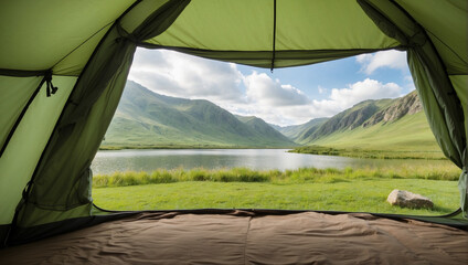 views of the lake and mountains from inside the tent - obrazy, fototapety, plakaty