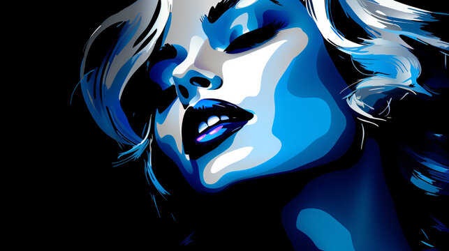 Illustration colorée d'un visage de femme. Couleurs noir, bleu et blanc. Féminin, art, visage, mode. Pour conception et création graphique.