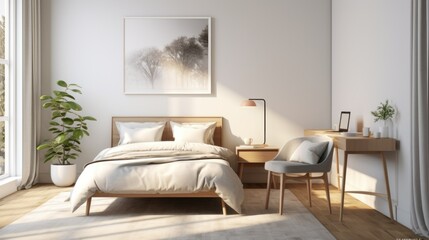minimal urban bedroom with Scandinavian-inspired bed, minimal wall art, muted color scheme. The room with natural light and small workspace with a minimalist desk and chair