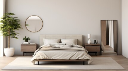 minimalist bedroom in urban apartment, custom-built bed with built-in storage, minimal decor,...