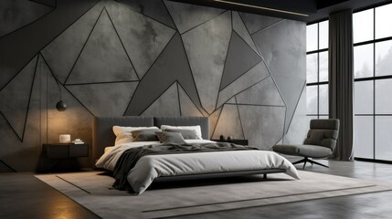 A modern urban bedroom with a minimalist aesthetic, statement wall geometric patterns, queen-sized bed, stylish reading nook single armchair