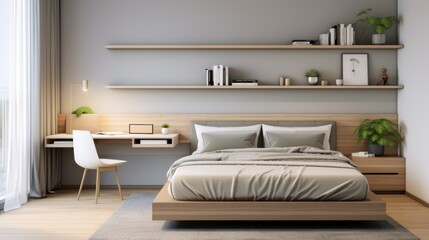 A compact urban bedroom with minimalist design, wall-mounted desk, small, comfortable bed and simple open shelving. neutral colors, minimalist art and subtle lighting