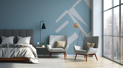 A modern urban bedroom with a minimalist aesthetic, statement wall geometric patterns, queen-sized bed, stylish reading nook single armchair