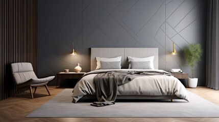 A modern urban bedroom with a minimalist aesthetic, statement wall geometric patterns, queen-sized bed, stylish reading nook single armchair