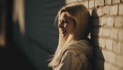 Fototapeta premium Young adult woman with blond hair smiling in nature beauty generated by AI