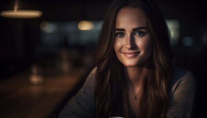 Obraz premium Beautiful young woman smiling confidently, enjoying comfortable leisure activity indoors generated by AI