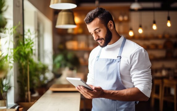 Cafe waiter reading on digital tablet, scroll through inventory list and check stock, small business.