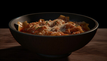 Freshly cooked gourmet meal pork pasta with vegetable sauce generated by AI