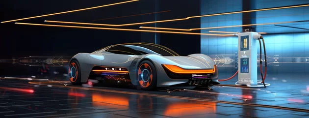 Foto op Canvas futuristic electric sports car driving in city highway with full self driving system parked at battery charging station network infrastructure wide banner hud datum with copy space area © sizsus