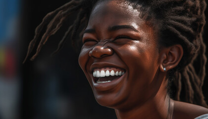 Smiling young African woman with toothy smile looking at camera generated by AI