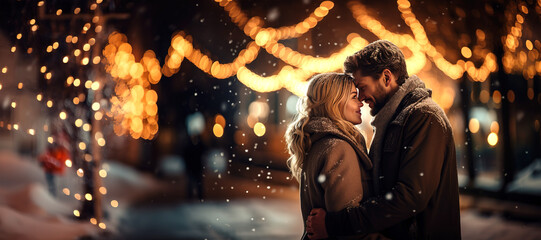 Christmas couple hugging on New Year's Eve Generative AI - obrazy, fototapety, plakaty