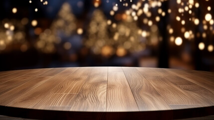 Wooden table on a background decorated with Christmas lights Generative AI