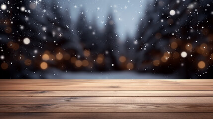 Empty wooden table in front of snowy christmas background Generative AI - obrazy, fototapety, plakaty