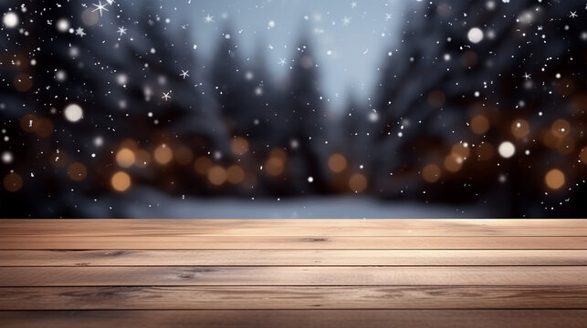 Empty wooden table in front of snowy christmas background Generative AI