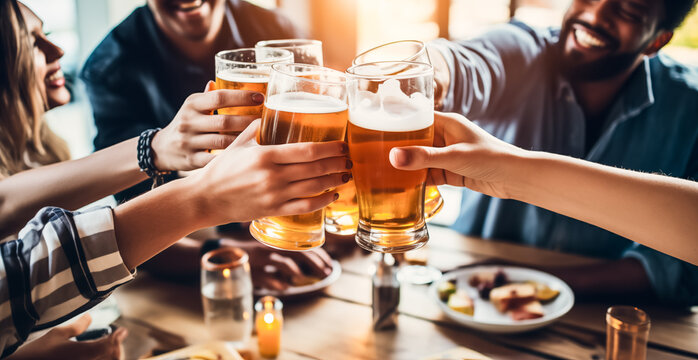 Multiracial group of friends enjoying a beer. Young people toasting and cheering beers half pint