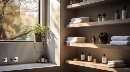 Creating a Functional yet Stylish Bathroom Space with Innovative Shelving Solutions. Generative AI