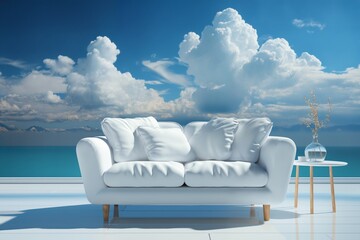 Fototapeta na wymiar a white sofa on a blue sky background with clouds