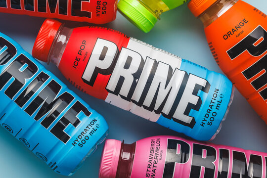 Prime Energy Drink . Bottle drink on blue background. Top view.