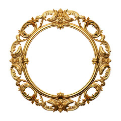 Circle vintage royal gold frame from the Middle Ages featuring Western floral patterns. A Victorian royal frame adorned with decorative scrolls against a transparent background.