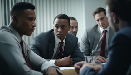 Fototapeta premium Multi ethnic group of businessmen sitting indoors, discussing corporate strategy generated by AI
