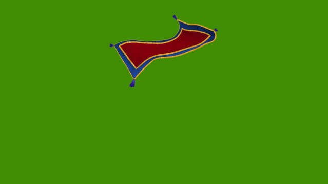 Red, blue and gold-trimmed flying carpet animation with upward and downward movements