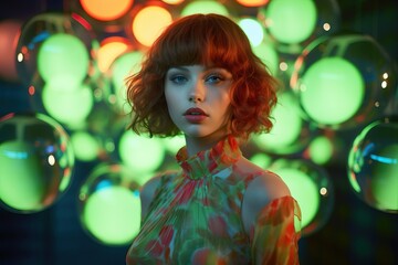 Professional Close-Up of a Young Woman Standing in Front of a Green Glowing Neon Spehere Background. Dressed in Green Clothes and Blonde Short Messy Hair.