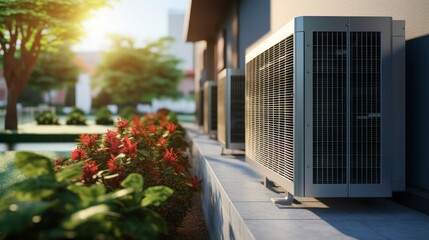 Air Conditioning Outdoor Units Nestled in a Backyard Setting. Generative AI