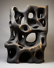 Professional Close up of a Large Black & Golden Clay Sculpture With an Abstract Design.