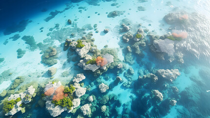 Aerial shot of large coral reef in crystal clear waters