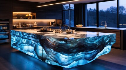 Professional Photo of a Kitchen with a Counter Full of a Blue Liquid Illuminating the Whole Room.