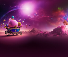 blue carriage with pink Christmas balls in dreamland pink background creative futuristic Christmas composition 