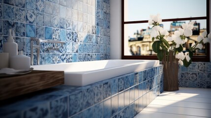 Ceramic Symphony - Embracing the Creative Flourish of Beautifully Patterned Tiles in a Bathroom Escape. Generative AI