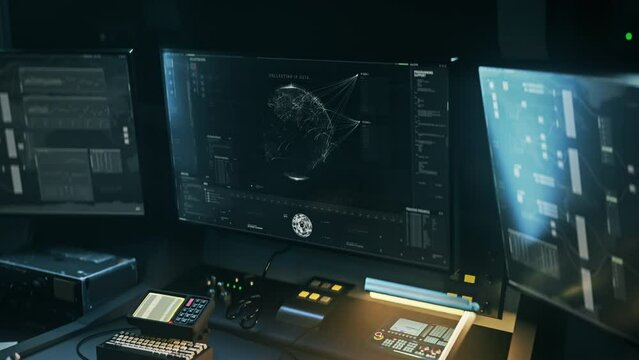 AI detection scanner is used in the futuristic army control room. AI detection system is scanning the map of the world. AI detection scanner finds the location of the target computer on a map. UI
