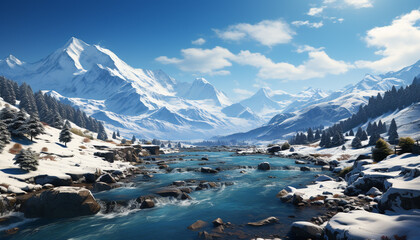 Majestic mountain peak, tranquil scene, frozen waterfall, extreme terrain generated by AI