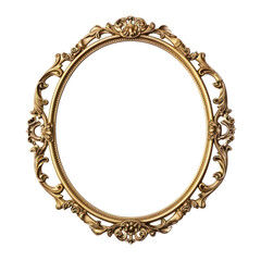 Oval golden frame with Victorian royal style with decorative scrolls against a transparent backdrop.