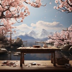 Professional Photo of a Picnic Table On a Wooden Balcony Next to a Pink Flowered Tree Flourishing Having a Majestic View of some Mountains during a Sunny Day.