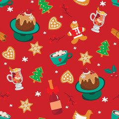 Winter holiday seamless pattern with sweet desserts and hot drinks.Pudding, spiced wine, cocoa with marshmallows and gingerbread.Christmas menu template.Vector flat illustration on red background.