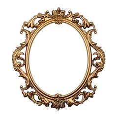 Oval golden frame with Victorian royal style with decorative scrolls against a transparent backdrop.