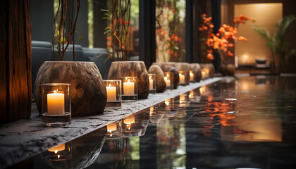 Glowing candle illuminates tranquil room, symbolizing spirituality and relaxation generated by AI