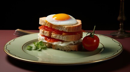 Mouth-Watering American Breakfast Placed of a White Pate on a Wooden Table With a Simple Black Background.