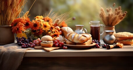 A rustic table adorned with a spread of autumnal breakfast items, surrounded by the warm hues of fall foliage. Generative AI
