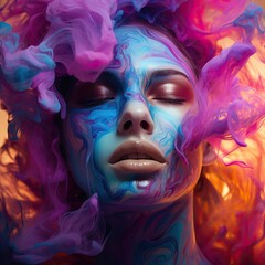 Professional Macro of a Fascinating Young Woman Made of Colorful Smoke With Closed Eyes Emanating a Feeling of Freedom to the Viewer.