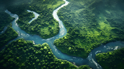 Meandering river through lush forest, high-altitude view