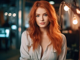Obraz premium A Beutiful and Fascinating Ginger Long Haired Tennager Looking at the Camera While Sitting in a Cafe.