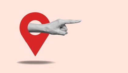 Contemporary collage with hand and red location icon.