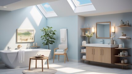 Fototapeta premium The Tranquil Elegance of Bathing in a Bathroom Drenched in Skylight. Generative AI
