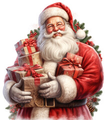 Wesoły Święty Mikołaj z torbą pełną prezentów na przezroczystym tle PNG.