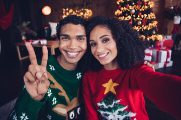 Portrait of two funny positive people make selfie demonstrate v-sign enjoy cozy new year atmosphere...